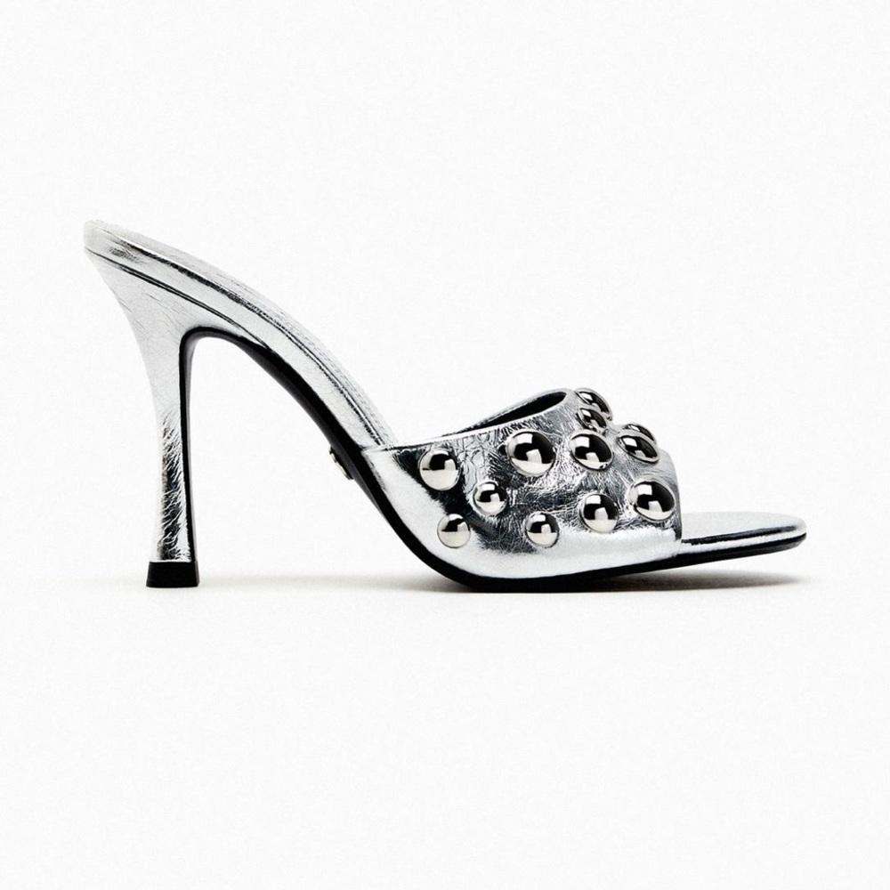 Zara Metallic Silver Studded Sandals